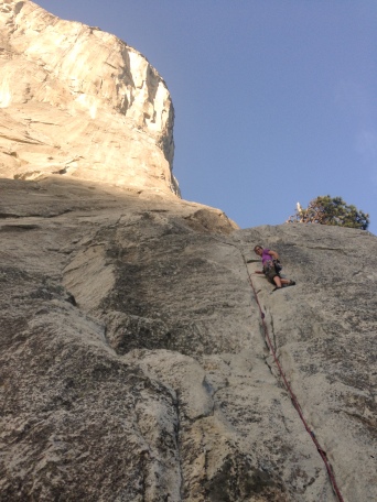 On Pine Line (5.7) my first trad lead, with El Cap looming in the background..